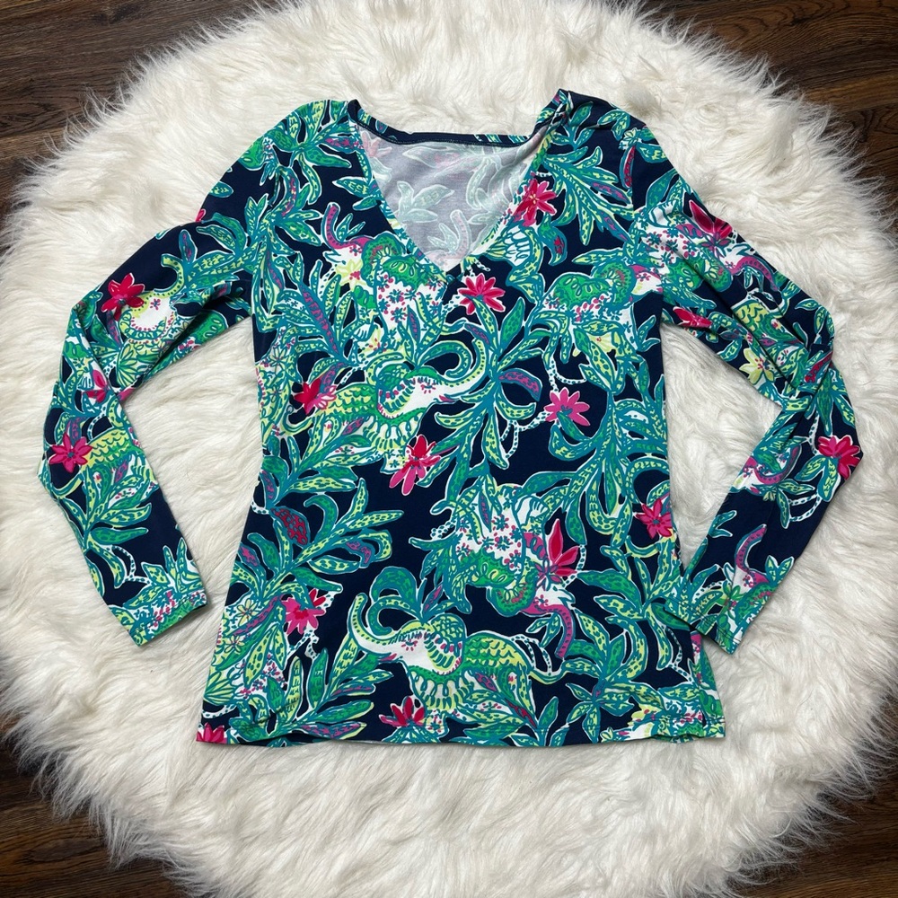 Lilly Pulitzer Marlowe Long Sleeve Cotton V-Neck Top with Floral & Elephants - M